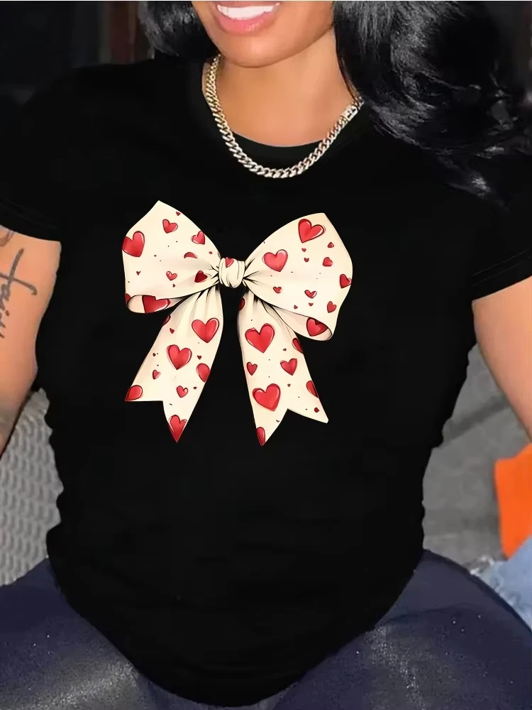 

Happy Valentine's Day Bow Tie Love Print Short Sleeve T-Shirt Ounce Women's Everyday Fashion Casual Wear Soft Short Sleeve