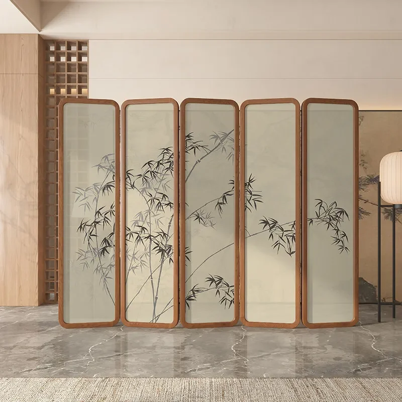 New Chinese bamboo painting screen partition entry porch blocking tea room sofa folding mobile solid wood arc folding screen