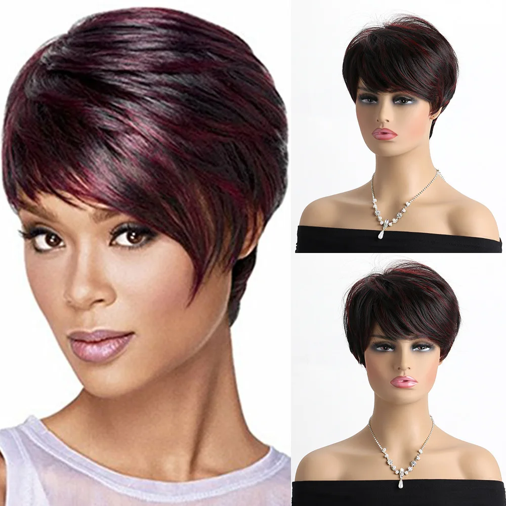 Black Mixed With Purple Red Synthetic Hair Wig Short Straight Women's Natural Wigs Rose Mesh Daily Use Party Cosplay Head Cover