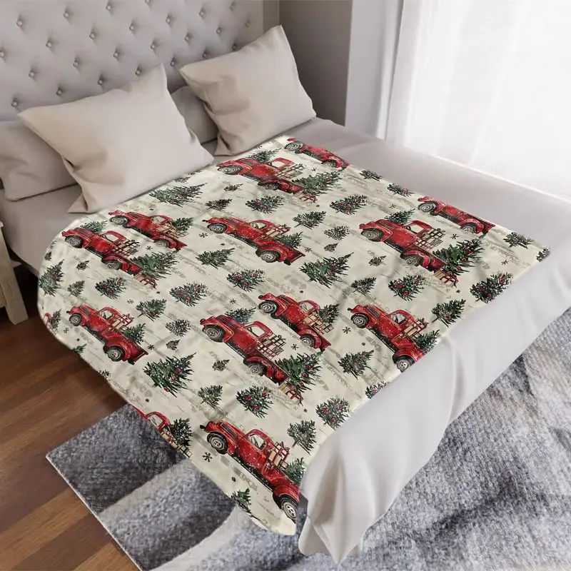 VIKAMA Christmas Throw Blanket Pickup Truck Tree Gift Cream Soft Plush Fleece Couch Sofa Blanket Cozy Warm Holiday Decor