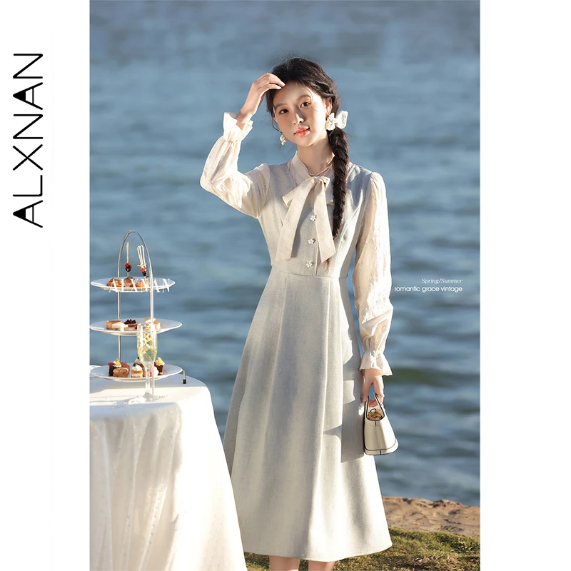 

ALXNAN Long Dress Women Blue Patchwork Fake Two-piece Neckline Ribbon Flower Button Embroidered Dresses Office Lady Dress L52971