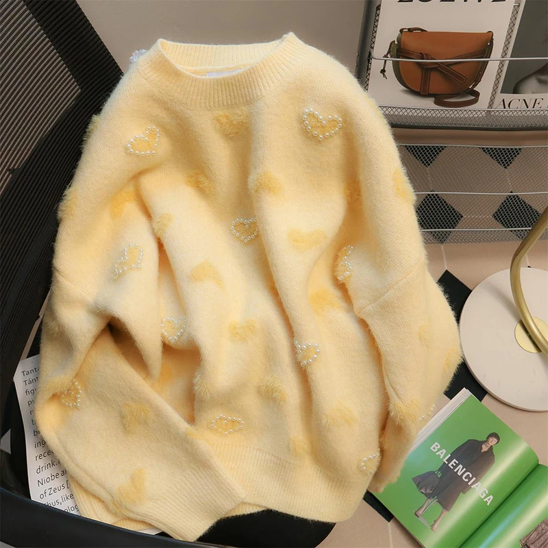 Fuzzy Yellow Women Sweater Pullover Korean 3D Heart Beaded Crew Neck Knitted Loose Cozy Preppy Winter Outerwear Top