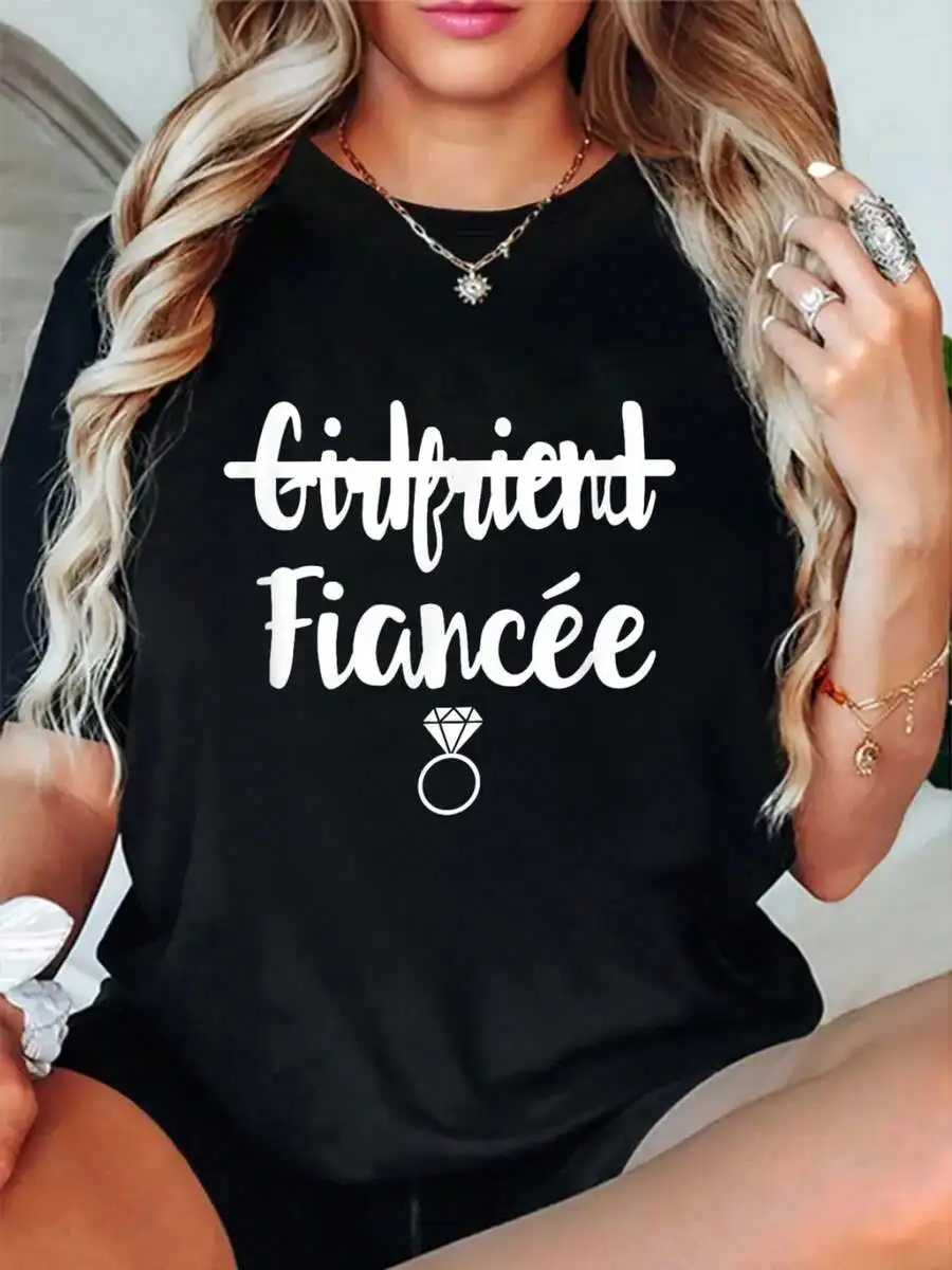 2026 Fashion New Women Short Sleeve Crew Neck T Shirt I Said Yes Girlfriend To Fiancee Graphic Print Engaged Gift Bachelorette Party Casual Basic Top Tee