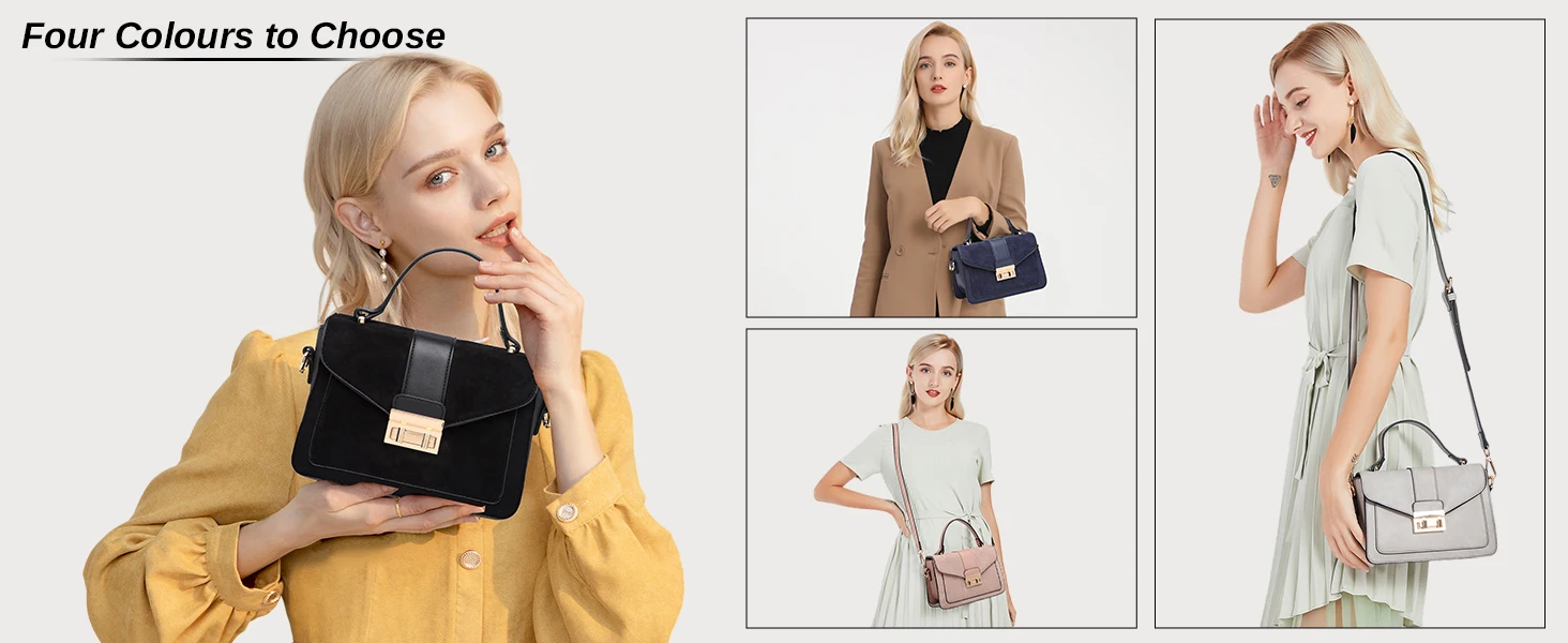 Collage showcasing handbags in four colors. Main image: woman holding black bag. Smaller images: beige, white, and light gray bags with shoulder straps.