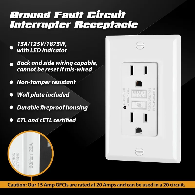 home.home. Pack GFCI Outlets 15 Amp, Non-Tamper Resistant,Circuit Interrupter, Wallplate Included, ETL Listed, White