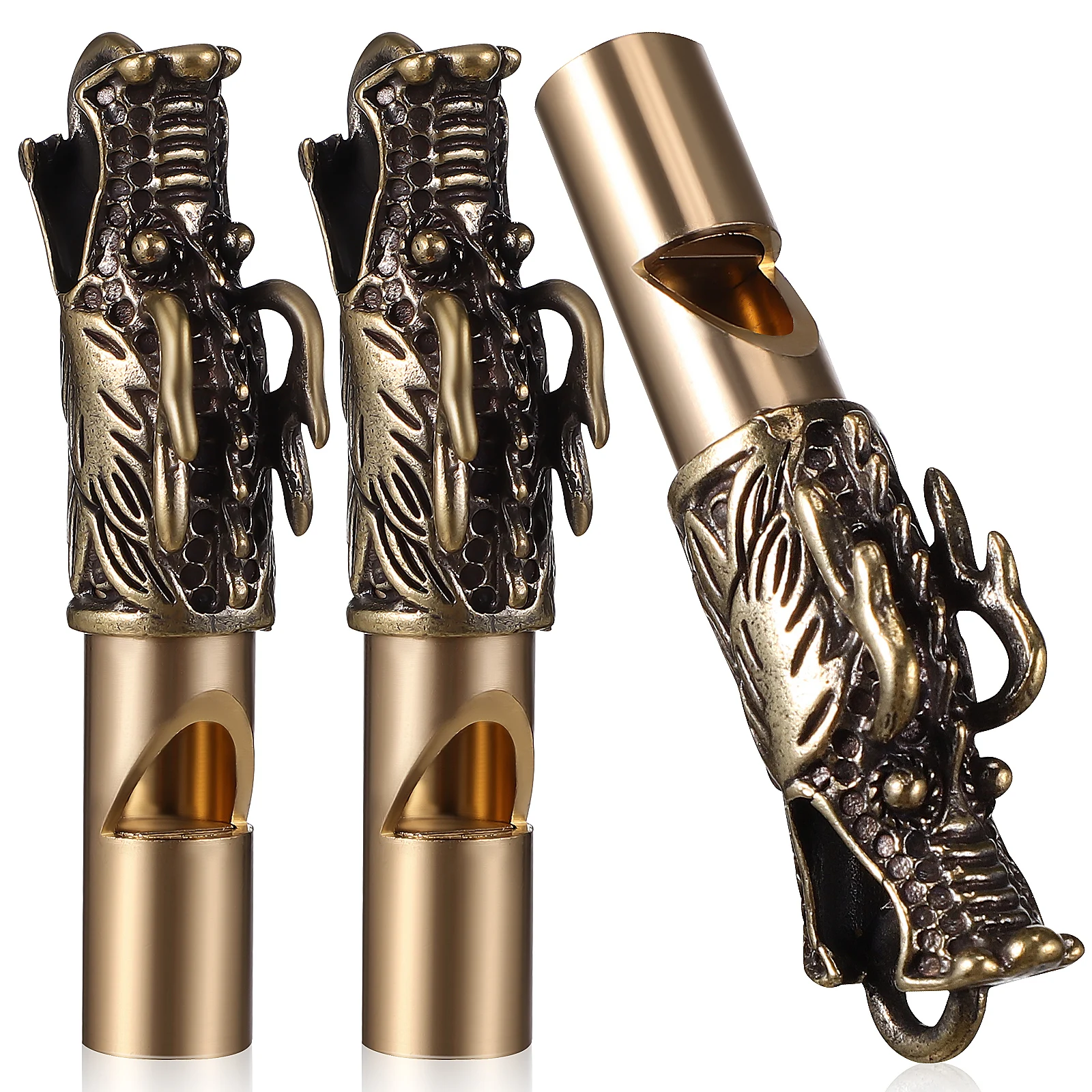 

3 Pcs Dragon Head Whistle Keychain Vintage Brass Camping Emergency Loud Small Multifunctional