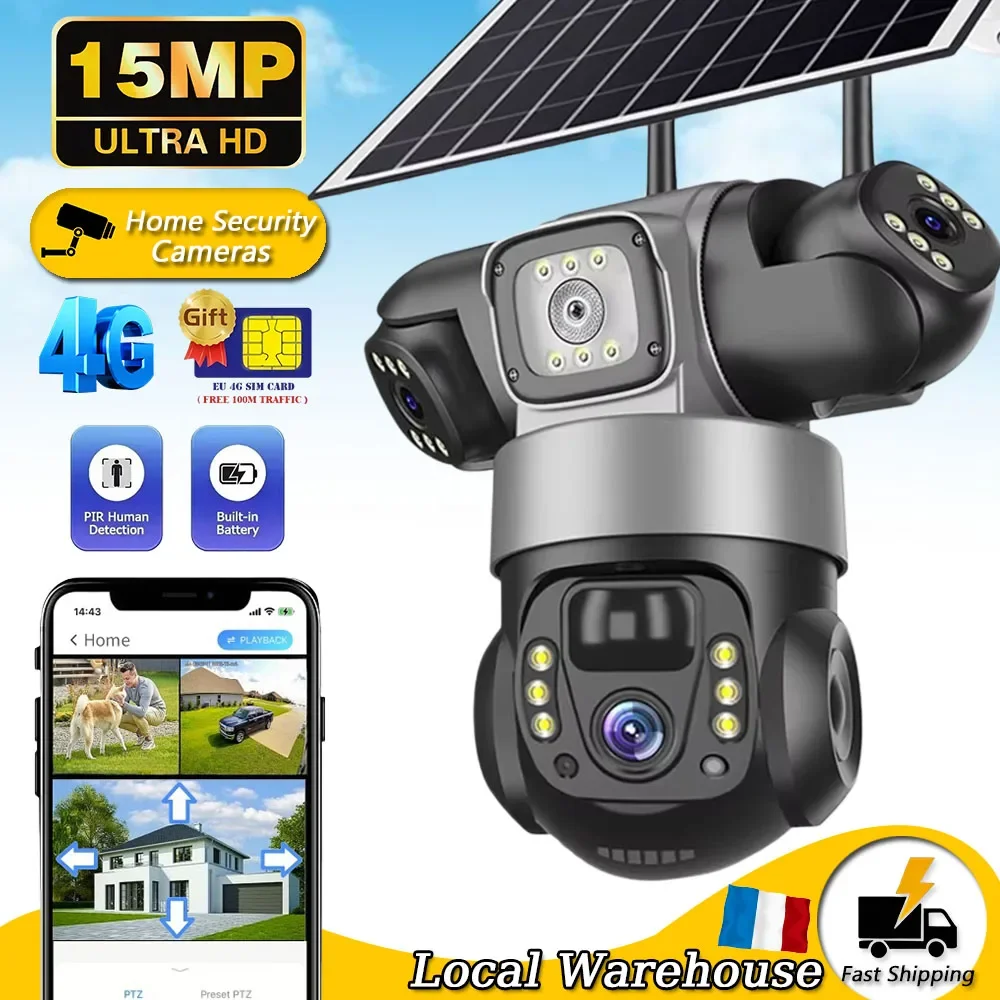 Caméra solaire 4G SIM 15MP à 3 objectifs et 3 écrans, surveillance extérieure sans fil, caméra CCTV PTZ IP66, caméra de sécurité à panneau solaire, caméra domestique V380