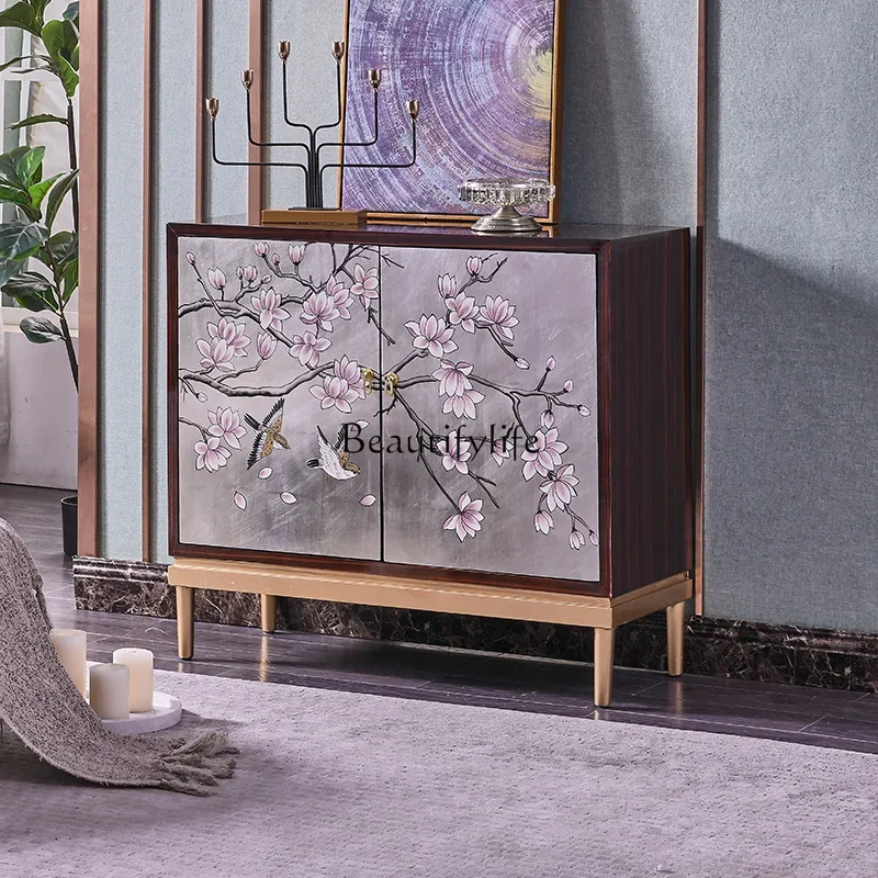 New Chinese-style entrance cabinet piano paint hand-painted partition light luxury ebony silver foil foyer cabinet