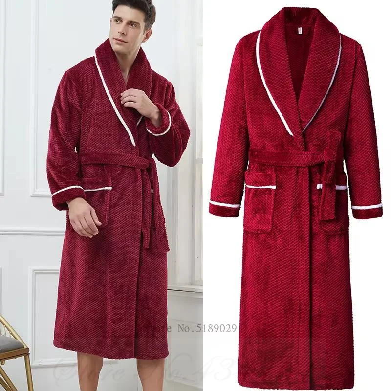 Burgundy Thicken Flannel Men's Long Robe Sleepwear Winter Warm Coral Fleece Bathrobe Loungewear Loose Couple Nightwear Homewear