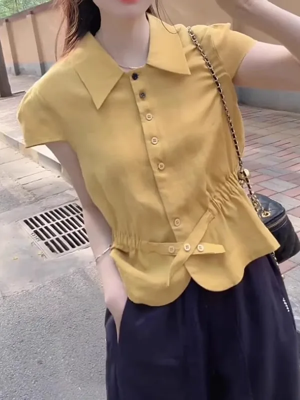 

Женская летняя блузка больших размеров с отложным воротником, приталенная, модная, в корейском стиле, для офиса и повседневной носки