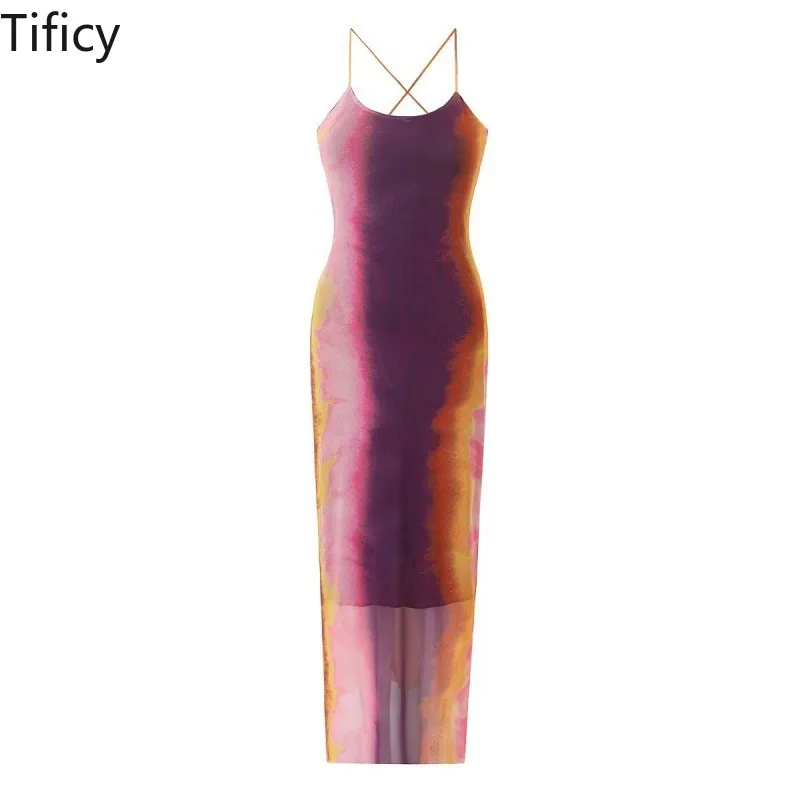 

TIFICY New Summer Women's Fashionable Silk Screen Printed Long Camisole Dress Women Clothes