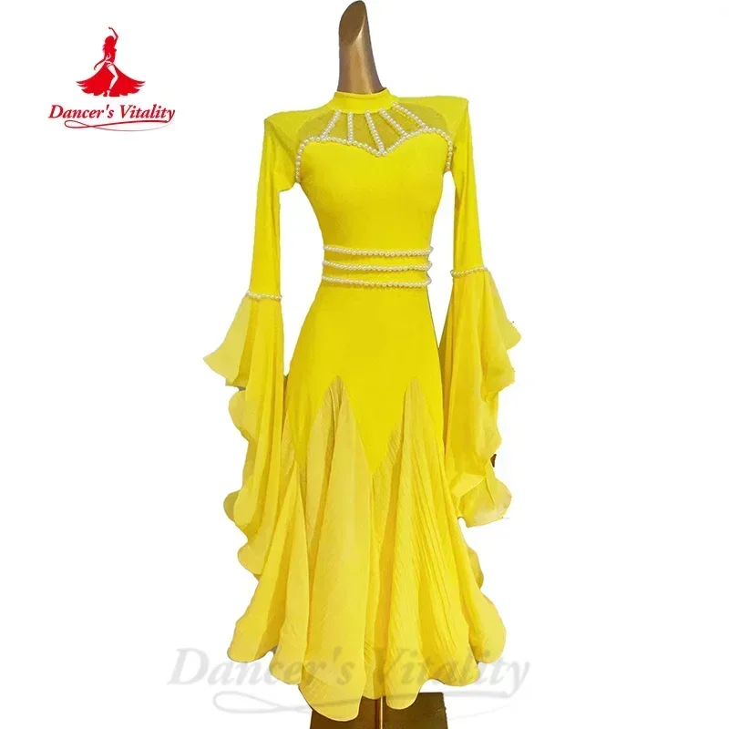 Ballroom Dance Performance Costume for Women Waltz Dance Hall Competition Dress Customized Exquisite Pearl Long Sleeved Dresses