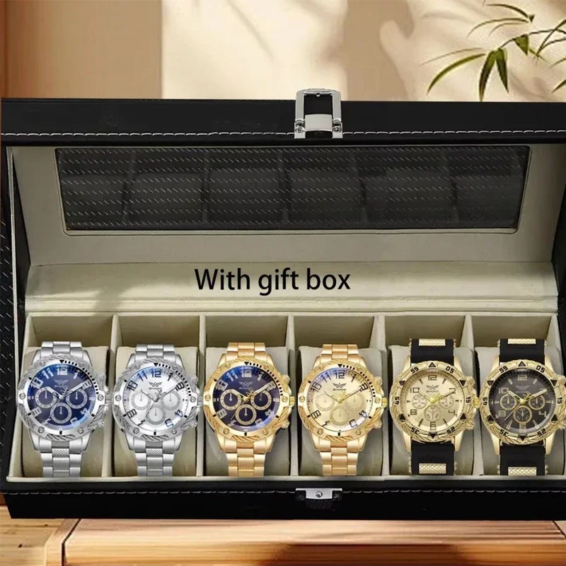 Fashion Men Steel Strap Quartz Watch, Chronograph Sub-Dial Sport Wristwatch with Gift Box, Gift for Husband Dad Boyfriend