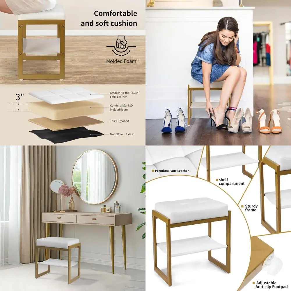 

Элегантный белый и золотой туалетный столик с кожаным сиденьем, подходящий для туалетного столика, спальни и гостиной.