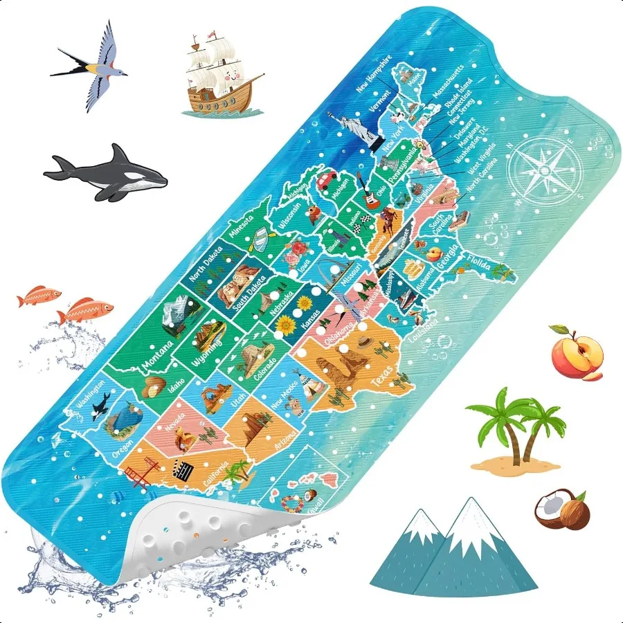 

Детский коврик для ванны Нескользящий коврик для ванной 40 x 16 дюймов Удлиненный коврик для ванны с картой Нескользящий экологически чистый коврик для ванной с присоской