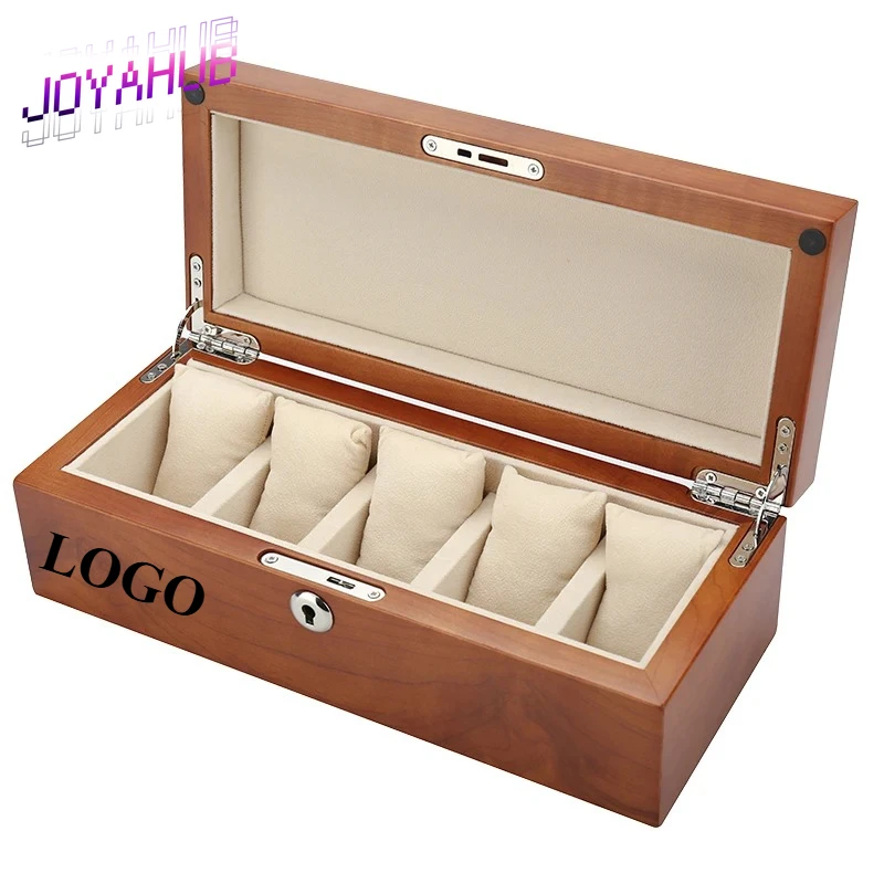 Customized LOGO Retro Cherry Wood Solid Wood Watch Display Box Home Elegant Jewelry Collection Storage Box Five Piece Gift OEM