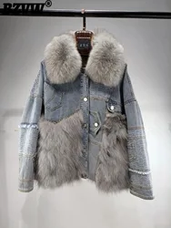 BZVW White Duck Down Denim Fox Fur Patchwork Coats Women's 2024 Winter New Lapel Single Breasted Contrast Color Coats 25Z1191