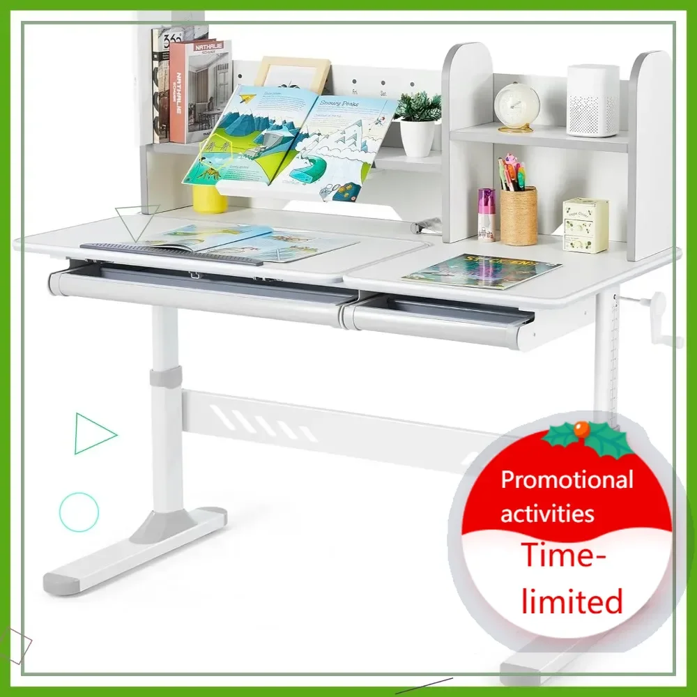 

Регулируемый детский стол с навесной полкой и ящиками, эргономичный учебный стол шириной 47 дюймов, наклонная столешница для домашнего обучения (серый)