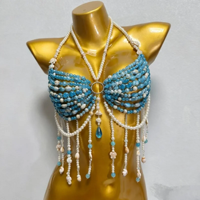 Handgefertigtes Damen-Muschelperlen-Neckholder-Top mit Quastenfransen, Körperkette für Strand, Festival, Boho-Stil, Neckholder-Kristall-Bikini-Oberteil – Detail 14