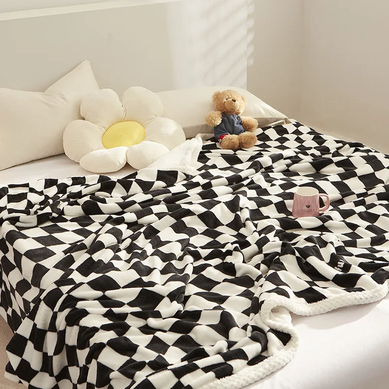 Double Layer Checkered Milk Cashmere Lamb Blanket Thick Quilt Cover Blanket Autumn Winter Sherpa Fleece Blanket Plush Bedspread