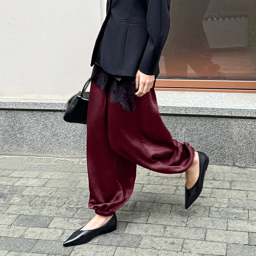 

Linad винтажные винно-красные свободные шаровары женские 2025 элегантные длинные брюки с высокой талией для женщин осенние уличные шикарные брюки с эластичной резинкой на талии