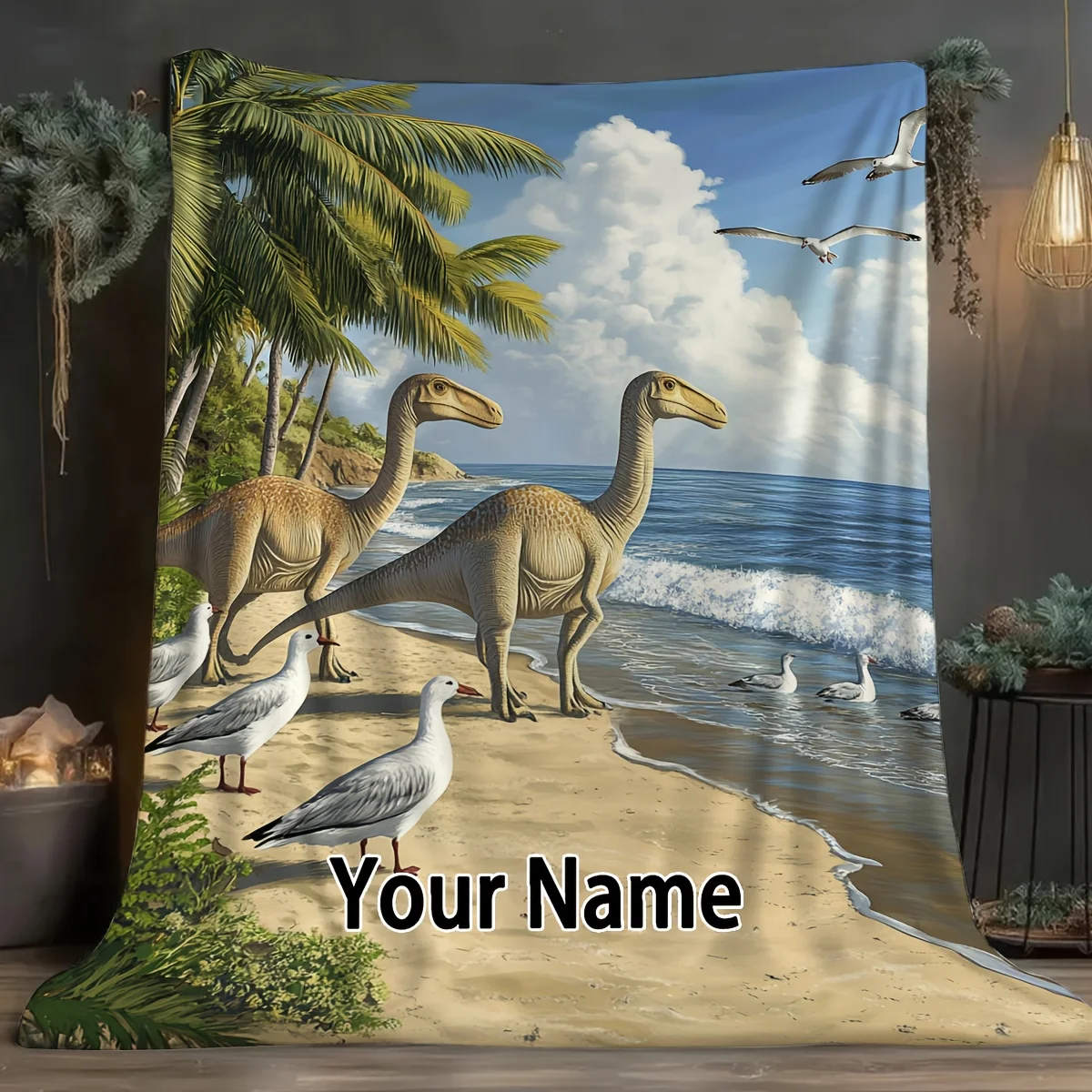 Customized 1pc blanket with customizable copy featuring dinosaur beach pattern flannel blanket. Selected items