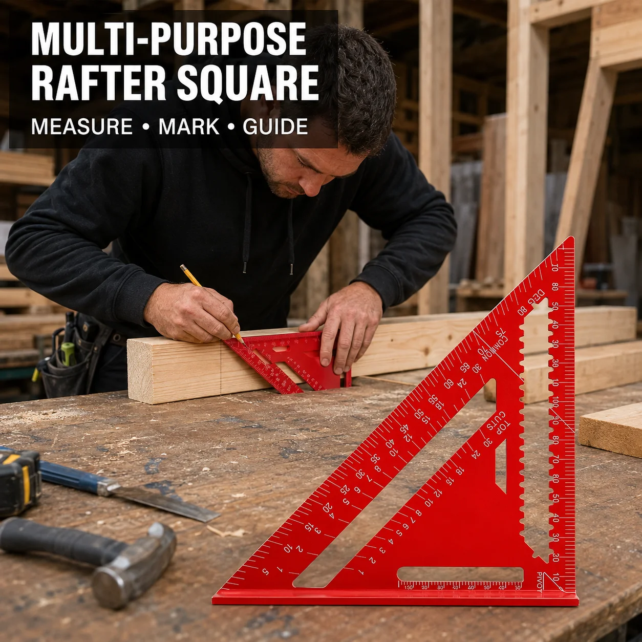 Precision Aluminum Square, Red Triangle Woodworking Ruler for Carpentry DIY Home Decoration Layout Measuring Tool