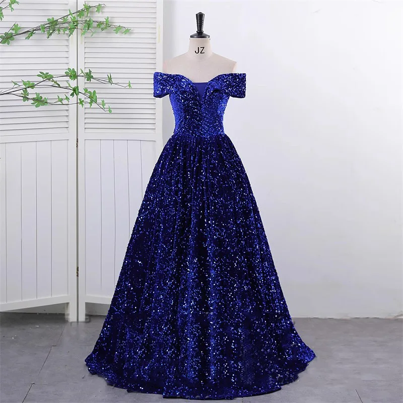 Real Photo Elegant Off Shoulder Sequined Blue Quinceanera Dresses Sexy V Nedck For Party Prom Dress Ball Gown Vintage Plus Szie