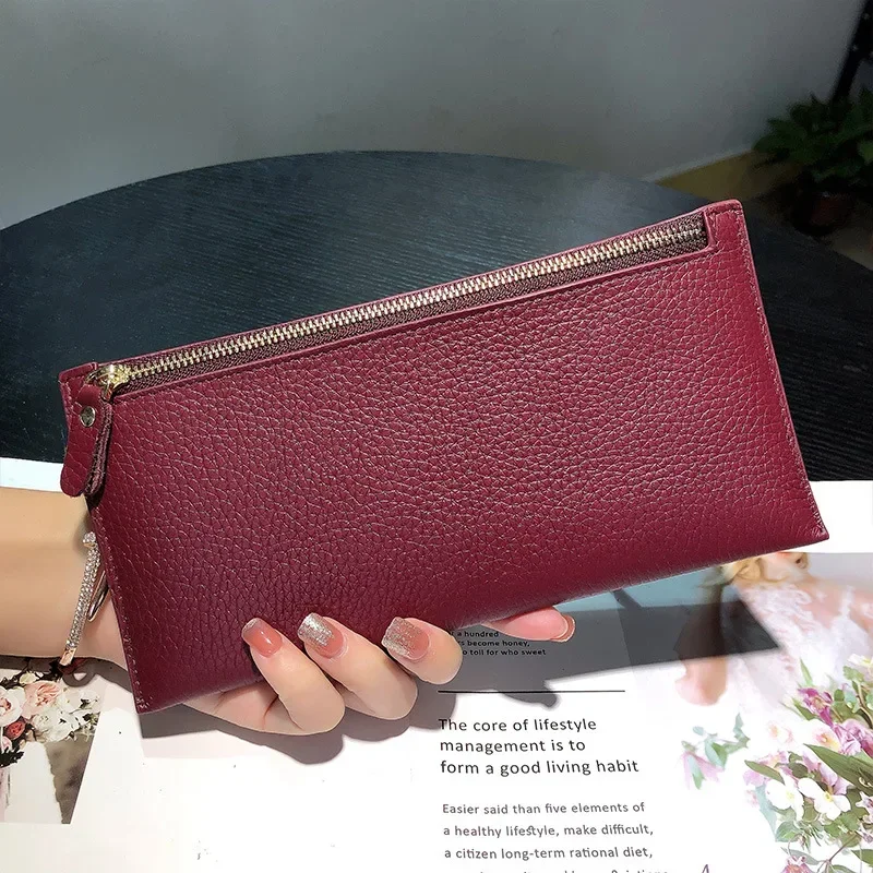 

Long Genuine Cow Leather Wallets for Women Thin Clutch Real Leather Card Holder Zipper Phone Clutch Luxury Money Clip 7Z