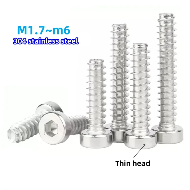 M1.7 M2 M2.3 M2.6 M3 M3.5 M4 M5 M6 304Stainless Steel Thin Round Cylindrical Head Hexagonal Self Tapping Flat Tail Screw