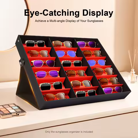 18-Compartment Non-assembly Sunglasses, Modern Rectangular Mdf Glasses Organizer Box for Office and Store Display Use
