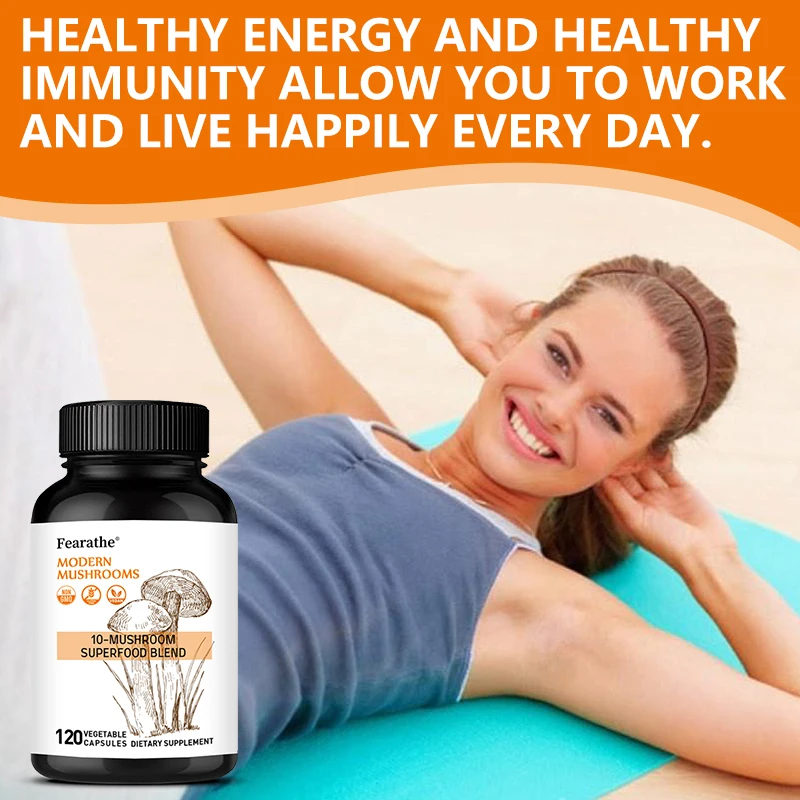 10-in-1 Mushroom Complex Capsules, Super Mushroom Blend, Support Brain Focus, Mental Clarity, Mood, Energy & Immune Health