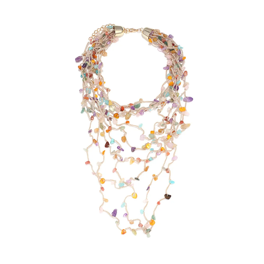 Neuheiten: Handgefertigte Bunte Kies-Wasserfall-Quasten-Choker-Halskette für Frauen, Boho Sommer Strand Party Schmuck Accessoires – Detail 3