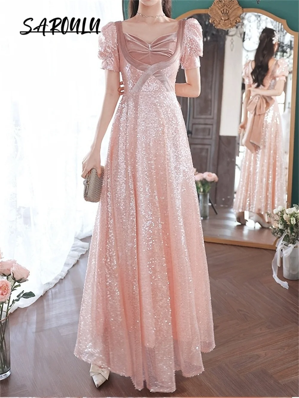 

Princess Pink Long Evening Dress Cocktail Prom Gown For Women Sequined Romantic A Line Bridesmaid Dresses