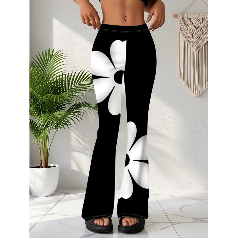 Pantalon évasé à imprimé floral blanc, adapté à un usage quotidien décontracté pour les adolescents de 7 à 16 ans.