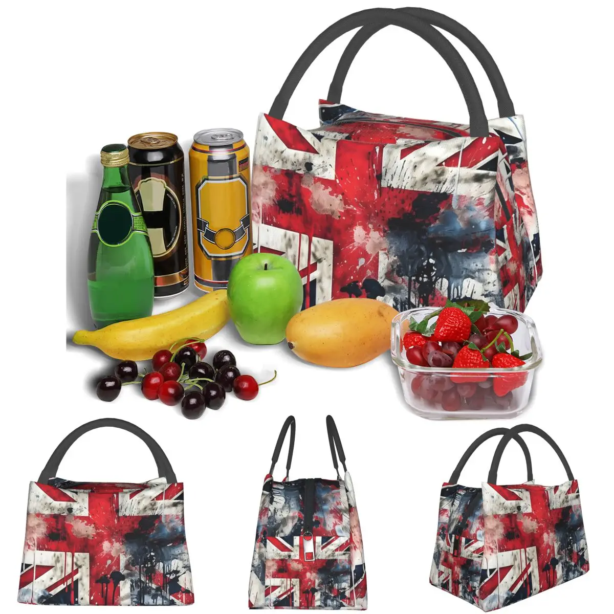UK Flag Paint Texture Lightweight Handheld Insulated Lunch Bag Aluminum Foil Liner for Adults Students Travel Picnic