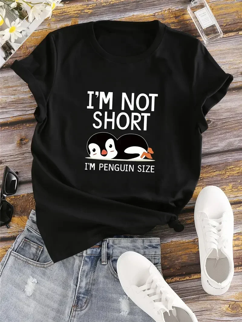 

Im Not Short Im Penguin Size Letter & Animals Print T-Shir Crew Neck Short Sleeve T-Shirt Casual Every Day Tops Shirts For Women