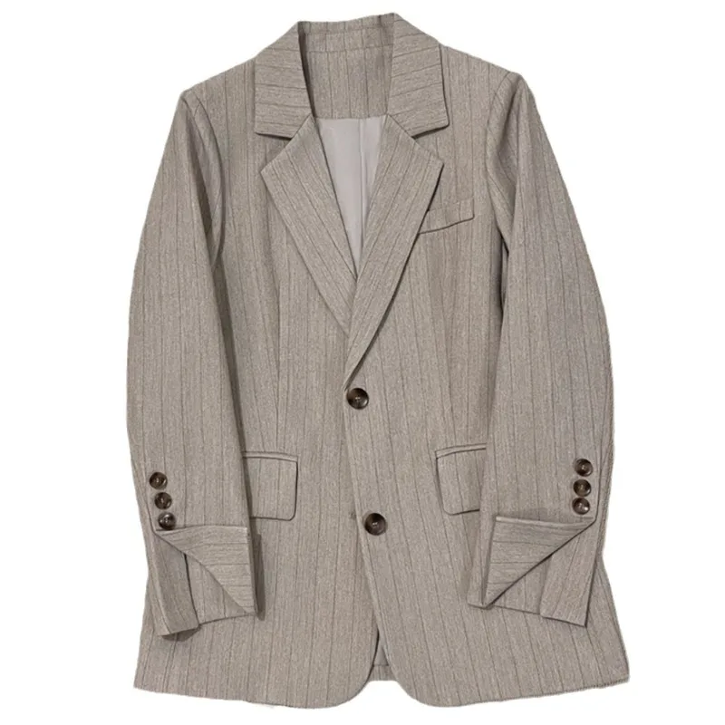 2026 Fashion Light-khaki Striped Suit Jacket Women's Casual Blazers Spring Autumn Single-breasted Office Coat Lady Slim Blazers