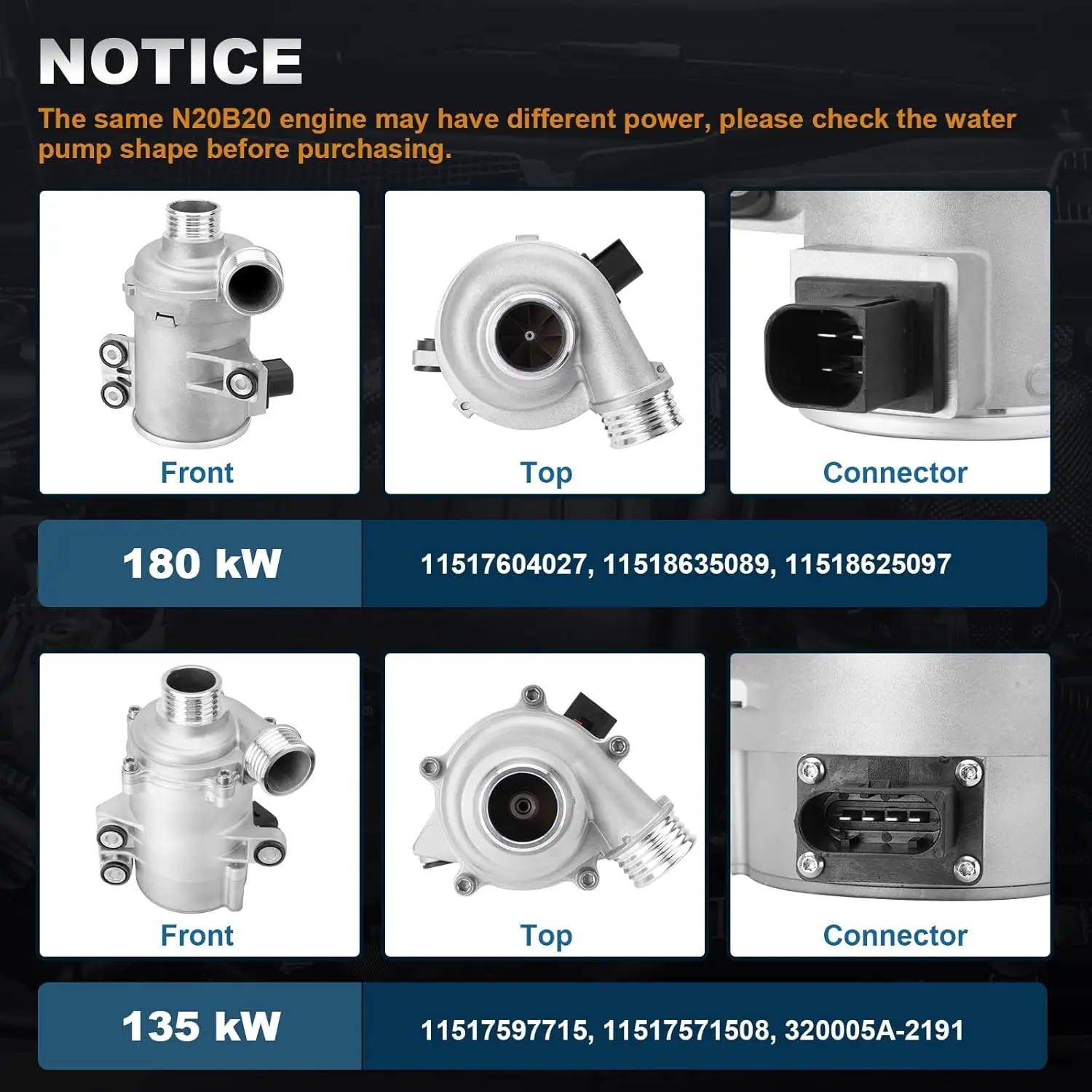 11517597715 11517571508 Elektrische Wasserpumpe kompatibel mit BMW 220i 320i 420i 520i X1 X3 Z4, F22 F30 F34 F32 F10 F11 – Detail 1