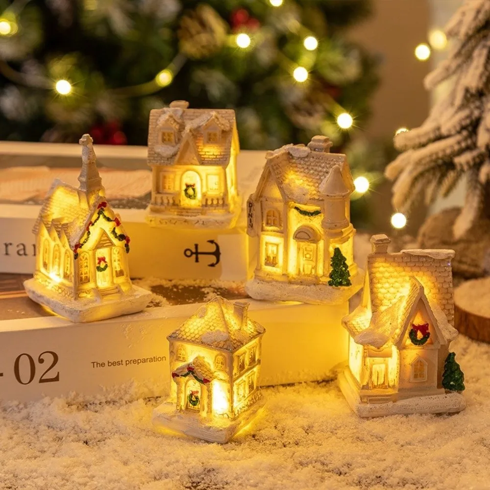 Resin Christmas House Ornament Battery Powered LED Light Light Up Village House Cartoon Mini Christmas Night Light