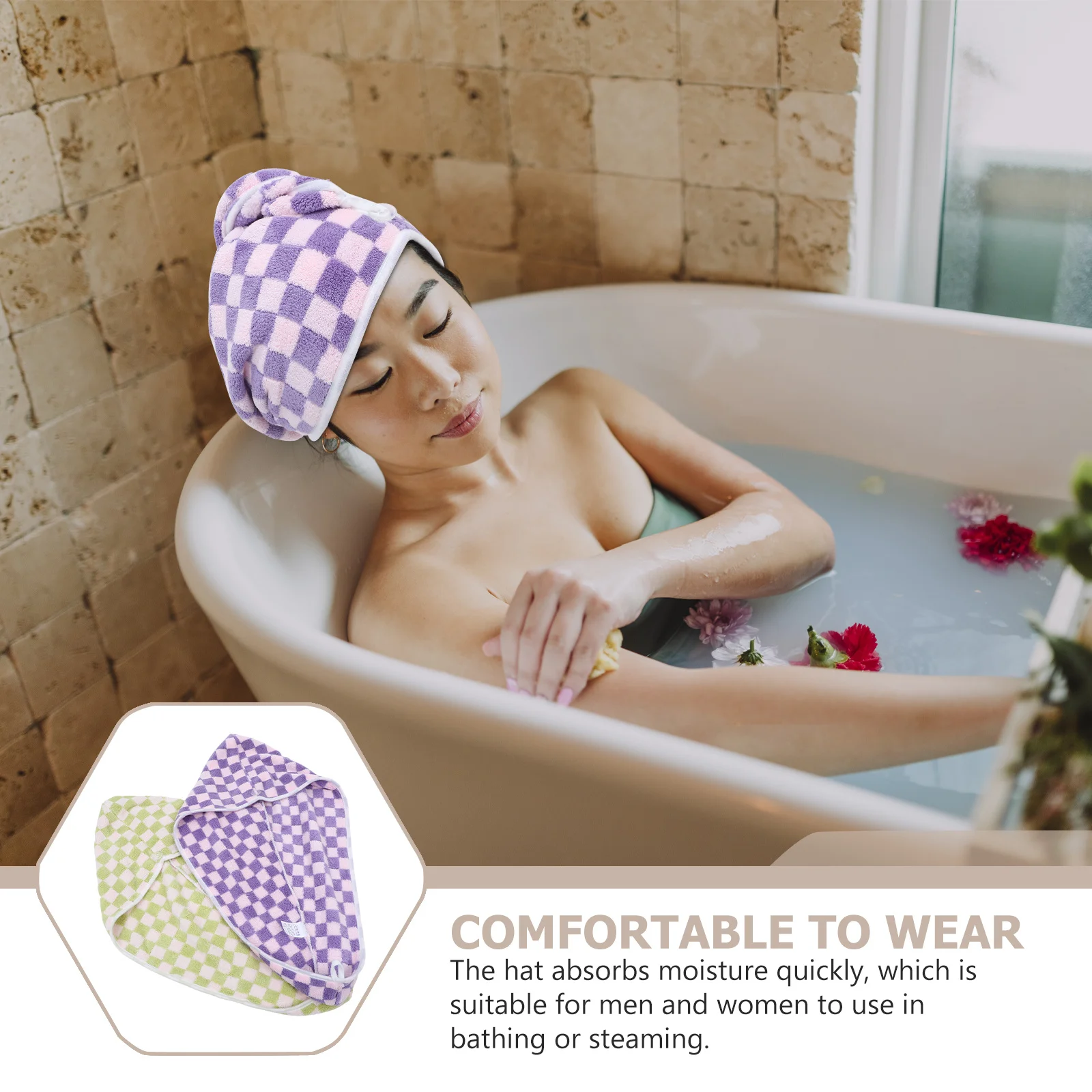 

2Pcs Stylish Checkered Hair Towel Wrap Coral Fleece Rapid Absorption Drying Cap for Women Comfortable Home Bathroom Essentials