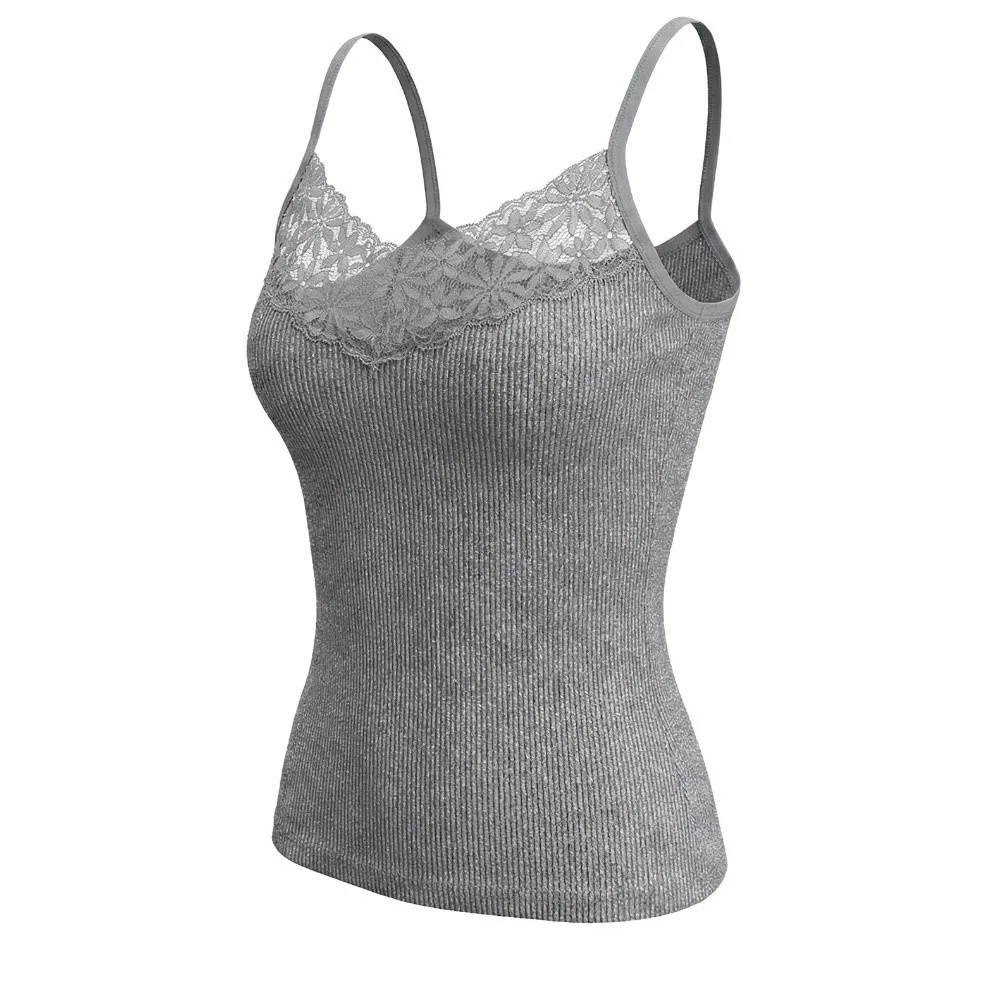 Basic Solid Color Lace Tank Tops Ribbed Texture Lace Detail V Neck Vest Y2k Style Elastic Fabric Basic Tee Tops For Women