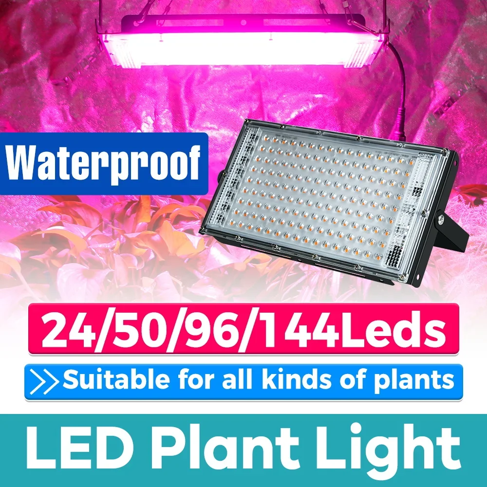 Luz de Cultivo LED de Espectro Completo, IP65, 25W, 50W, 100W, 200W, con Enchufe Europeo para Invernadero Interior