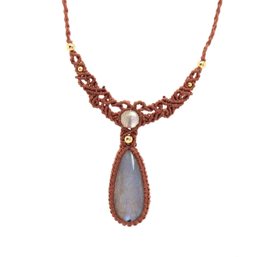 Handmade Rope Braided Macrame Crystal Stone Pendant Necklace For Women Natural Labradorite Weave Adjustable Necklace Jewellery