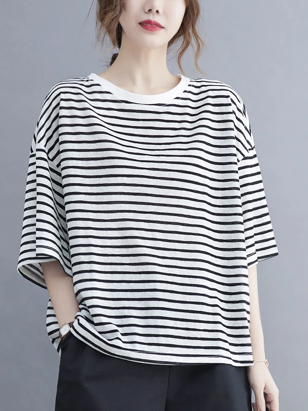 

Retro Striped Loose Short Sleeve round Neck T-Shirt Summer plus Size Casual Tagless Clothing Comfortable Breathable Women's Top