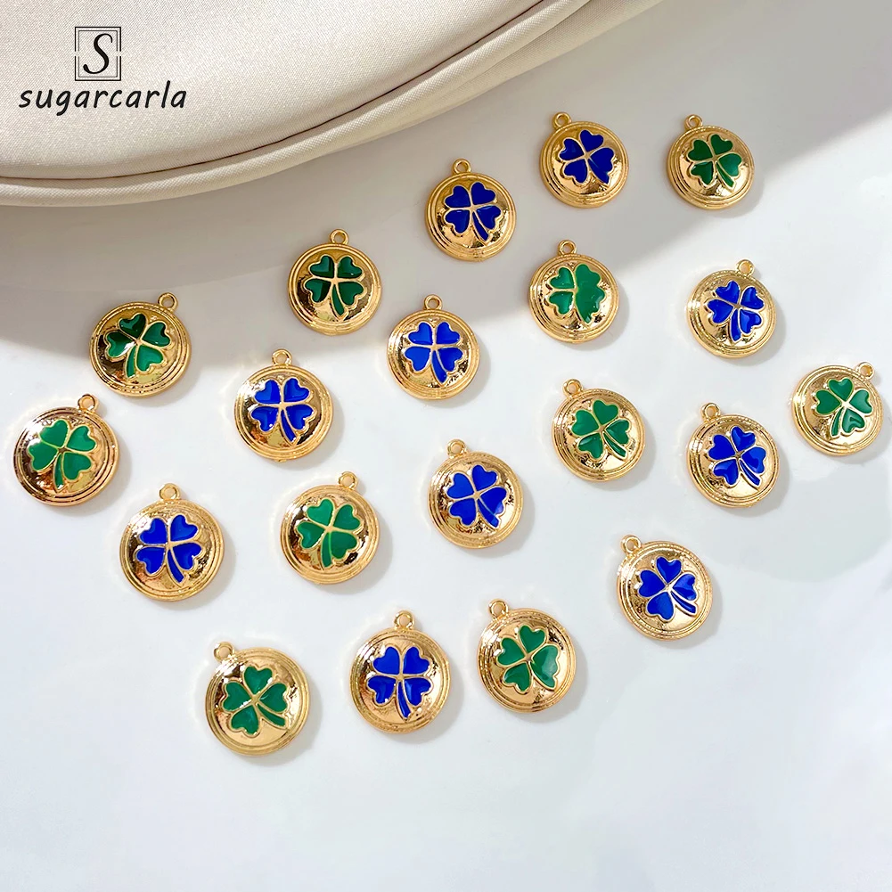 10Pcs 19*18mm Enamel Lucky Four-leaf Coin Charms For DIY Making Earring Necklace Geometric Golden Round Charm DIY Jewelry Making