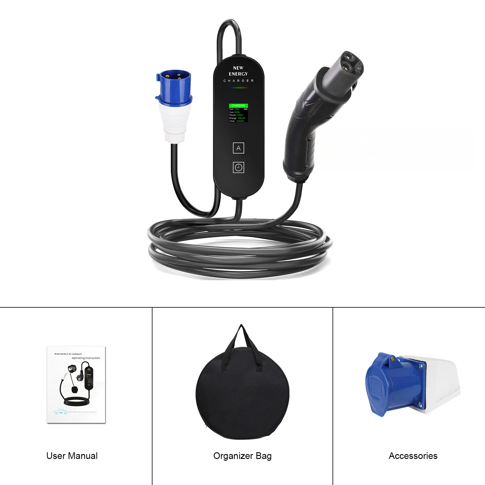 32A 7kW NACS Portable EV Charger CEE Industrial Plug LCD Display Adjustable Current Compatible with Tesla Model 3 Y S X