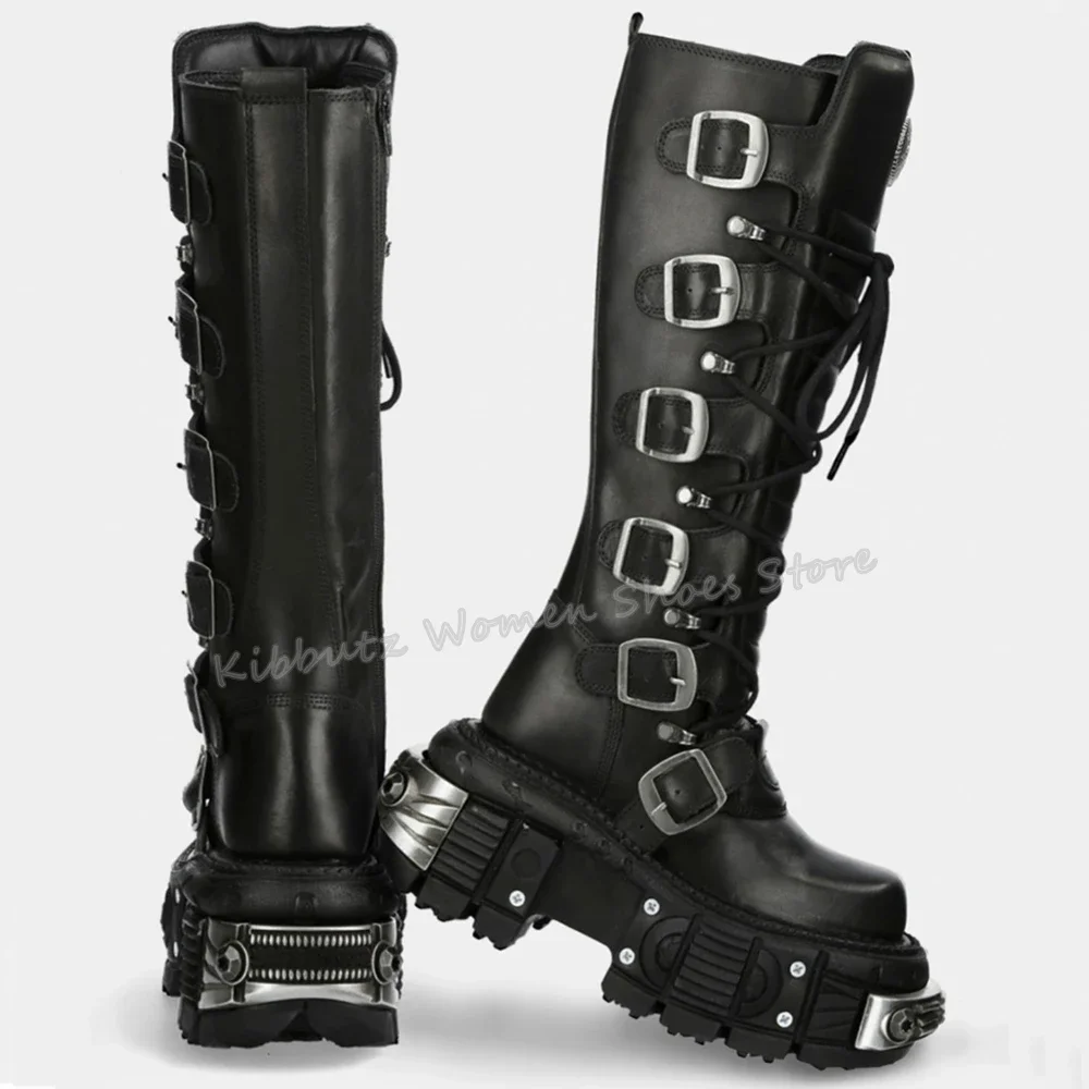 Rock Punk Motorcycle Boots Knee High Dark Style Round Toe Thick Bottom Genuine Leather Solid Color Fashion Sexy Women Shoes New