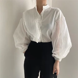 MEXZT Elegant White Shirts Women Vintage Mesh Patchwork Long Sleeve Blouses Summer Ladies Korean Black Tulle Sheer Chic Tops New