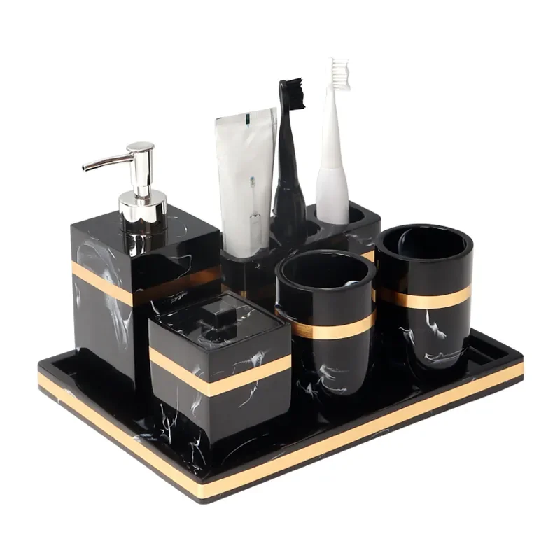 Black Marble Pattern Resin Wash Bathroom Suit Bathrrom Supplies Toothbrush Cups Soap Dish Shower Gel Bottle Tissue Box
